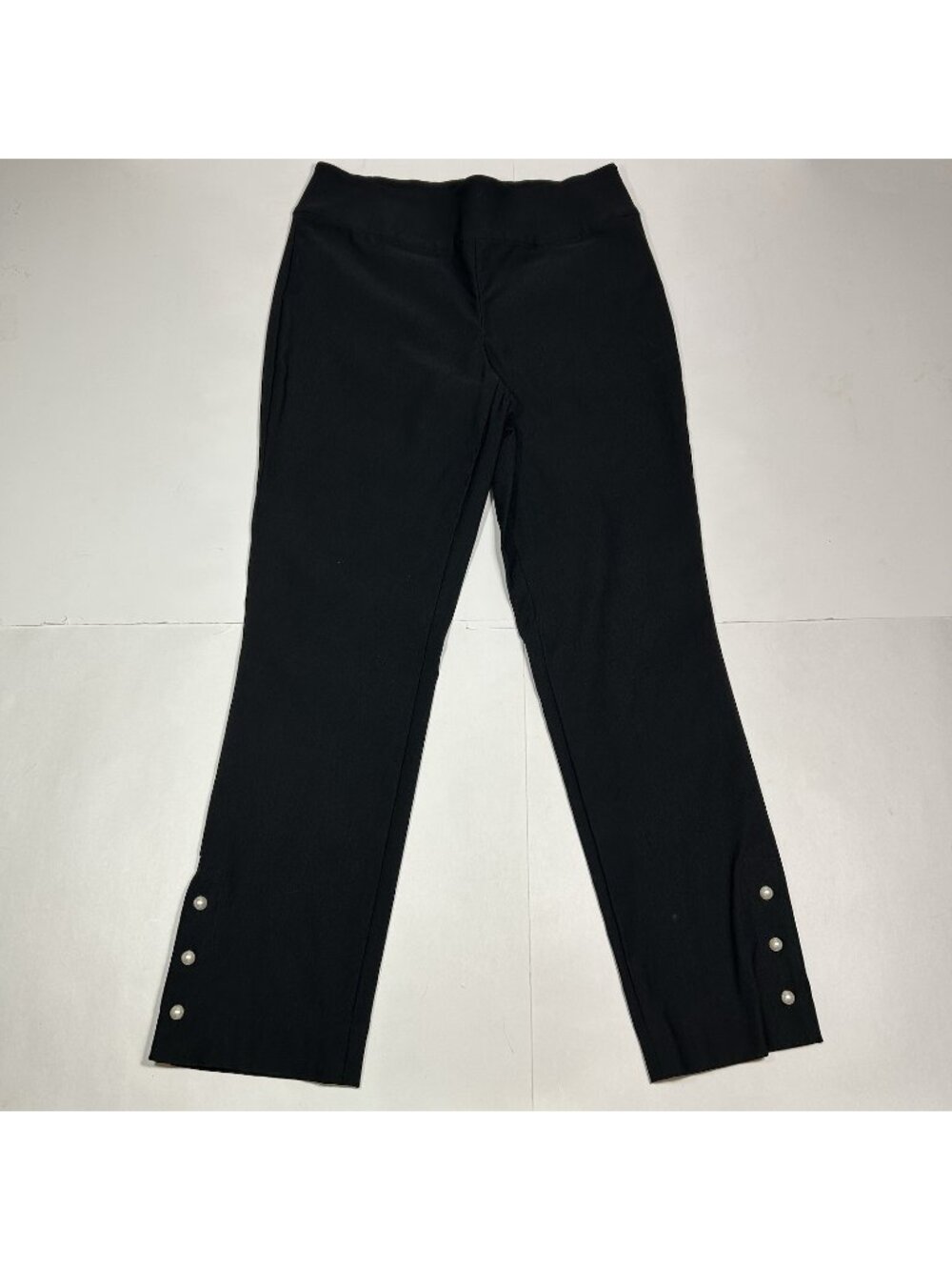 New Zozo Women Black Cropped Dress Pants PullOn Faux Pearls Buttons Stretch Sz 6